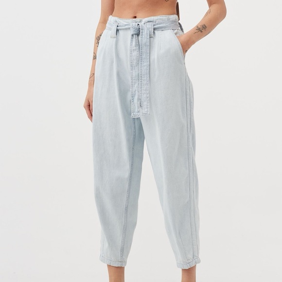 New Ralph Lauren High Rise Tapered Blue Tie Belt Ankle Cotton Denim Jeans Pants - Picture 2 of 16